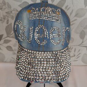 "QUEEN" with Crown Studded Blue Jean Distressed Baseball Cap Style Hat by NoLLia